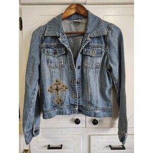 Ivy Jane Womens Distressed Blue Denim Jean Jacket Studded Embroidered Size Small